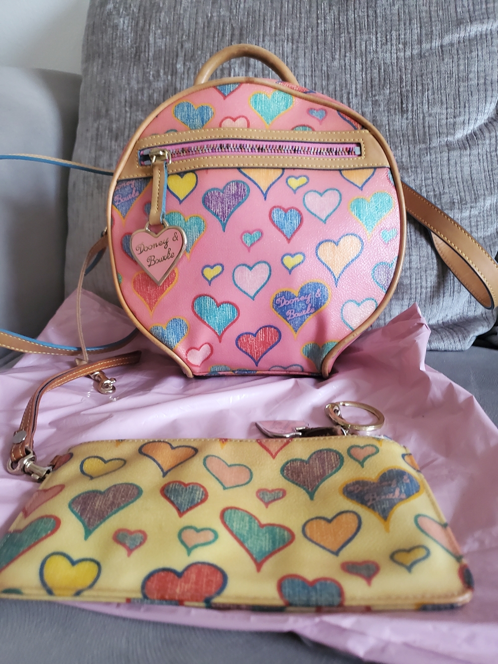 Y2K Rainbow Dooney & Bourke Pink and Yellow Heart Print Mini Backpack with Pouch